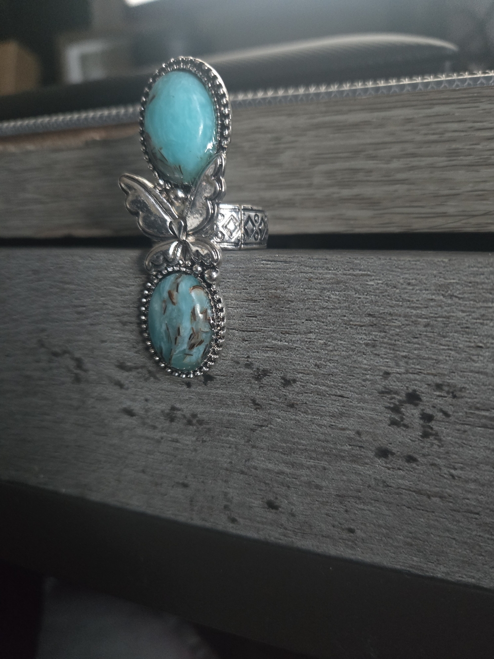 Turquoise Butterfly Double Oval Sterling Ring - Women Jewelry